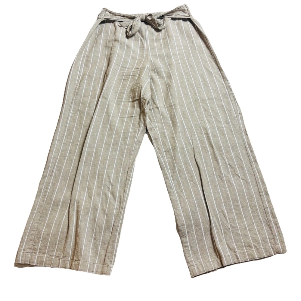 Beach Lunch Lounge Linen Blend Tan Striped Crop Pants Women's M Margot Wide Leg - Picture 10 of 10